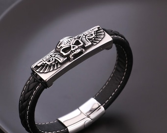Mens Stainless Steel Skull Bracelet, Braided Leather Biker Band