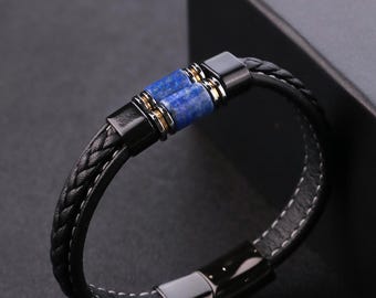 Lapis Lazuli Braided Leather Bracelet, Men's Magnetic Clasp Band