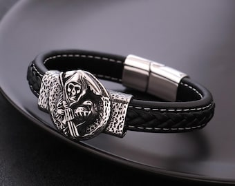 Men's Leather Skull Bracelet, Braided Black Wristband, Gothic Biker Jewelry