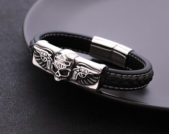 Gothic Skull Leather Bracelet, Braided Biker Band, Stainless Steel