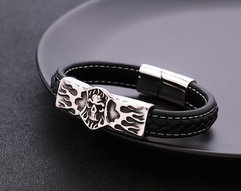 Mens Skull Leather Bracelet, Gothic Biker Braided Wristband