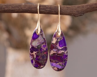 Purple Teardrop Earrings, Jasper Stone Dangle Earrings, Sea Sediment Gemstone Jewelry for Women