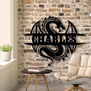 Dragon Silhouette Metal Wall Sign with Custom Name, Personalized Wall Art for Kids, Gamers or Fire Dragon Fans, Gift for Him