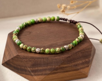 Hand Braided Green Jasper Bracelet: Adjustable Gemstone Bead Bracelet