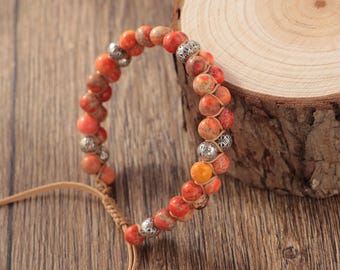 Red Jasper Beaded Bracelet, Boho Macrame Adjustable Jewelry