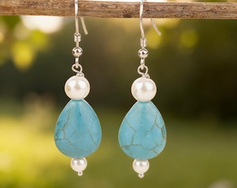 Boucles D'oreilles Pendantes En Argent Massif Avec Perles De Turquoises - Bijou Vintage Occasion