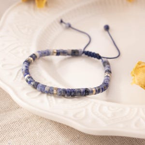 Blue Jasper 2x4mm Bead Bracelet: Natural Stone Dainty Bracelet, Adjustable Minimalist Bohemian