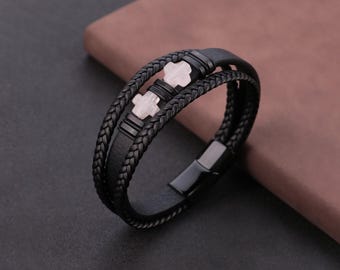 Herren Vegan Leder Rosenquarz Armband, Edelstahlverschluss