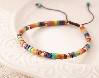 Pulsera de cuentas de jaspe de colores, joyería bohemia ajustable con piedras preciosas