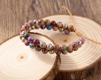 Pulsera de jaspe de sedimentos marinos naturales, trenzada, ajustable, con cuentas, para yoga.