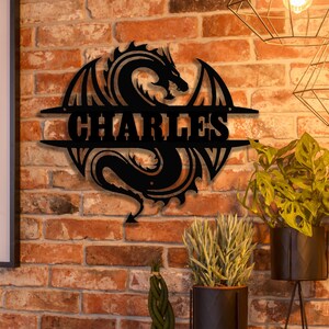 Personalized Dragon Name Sign, Custom Metal Wall Art for Kids or Gamers, Fantasy Room Decor, Gift for Him, Fire Dragon Cutout Sign