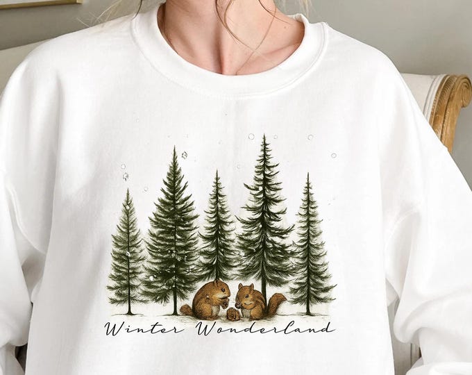 Winter Wonderland Sweatshirt: Squirrels in Snowy Pine Forest