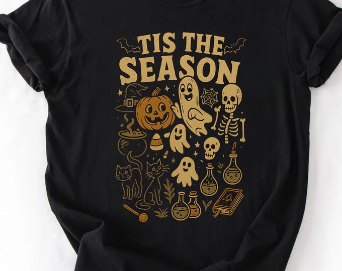 Tis The Season Halloween Graphic Comfort Colors T-Shirt, Cute Ghost Pumpkin Skeleton Graphic Tee, Fall Graphic Tee, Cute Halloween Shirt