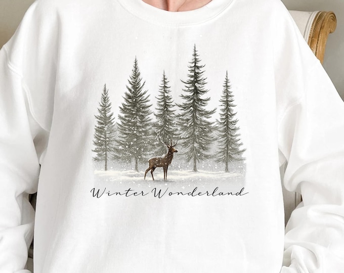 Winter Wonderland Sweatshirt: Reindeer, Pine Trees, Holiday Crewneck