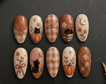 Autumn Black Cat Press On Nails, Cozy Pumpkin Plaid Book Lover Nails, Cottagecore Storybook Nail Art, Handmade Reusable Gel Set