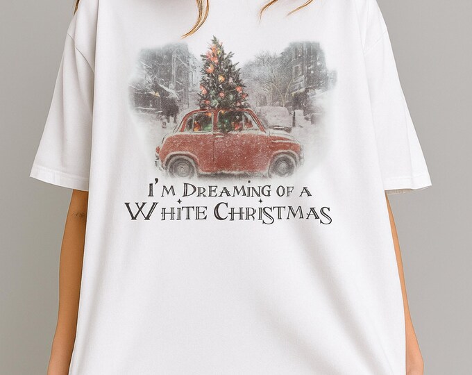 Comfort Colors White Christmas T-Shirt: Vintage Car with Tree