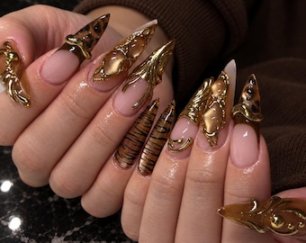 Y2K Tiger Print Autumn Press On Nails, 3D Silky Cat Eye Nails, Brown Gold Maximalist Handmade