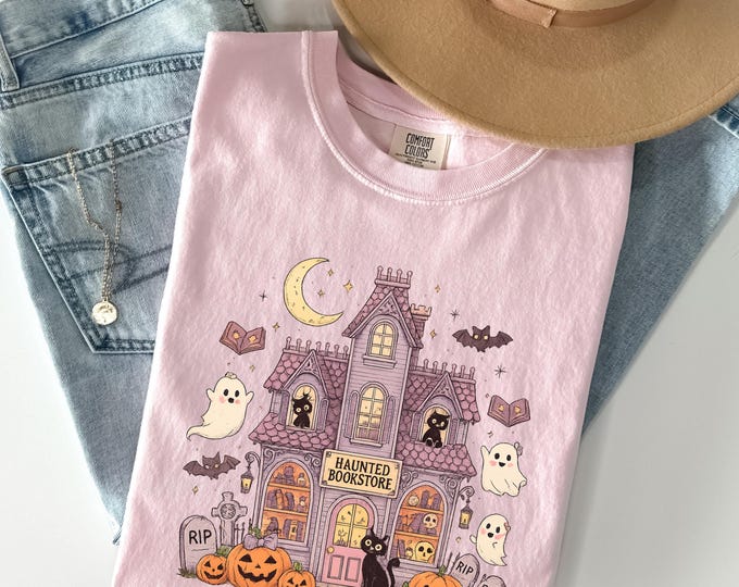Haunted Bookstore Comfort Colors T-Shirt: Halloween Ghost Cat Tee