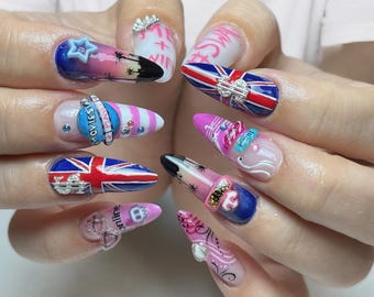 British Y2K Press On Nails, Pink Blue Union Jack Gyaru Nails, McBling Trashycore 2000s Scene Nail Art, Handmade Reusable Gel Set
