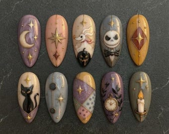 Gothic Halloween Press On Nails, Whimsigoth Black Cat & Skeleton Nail Art, Moon Star Celestial Vintage Gold Reusable Gel Set