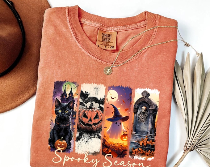 Spooky Season Comfort Colors® T-Shirt, Halloween Cute Ghost Pumpkin Black Cat Shirt, Funny Fall Ghost Shirt, Halloween Spooky Cat shirt