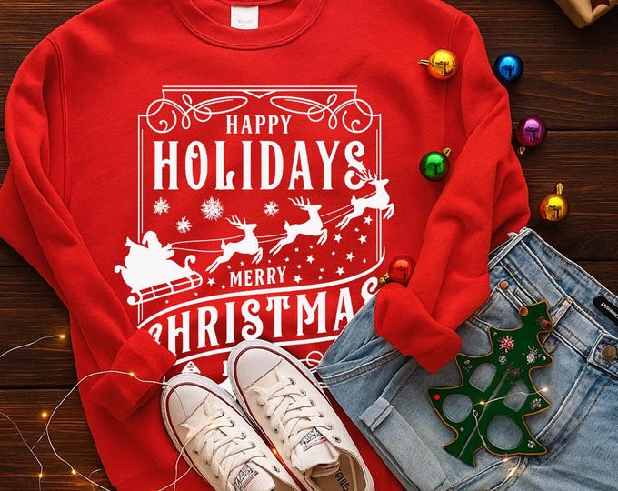 Red Christmas Sweatshirt: Happy Holidays Santa Sleigh Pullover