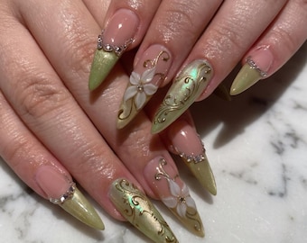 Sage Green Floral Press On Nails, Vintage Gold Filigree 3D Flower Nails, Elegant Almond Stiletto Nails, Handmade Fall Reusable Gel Set