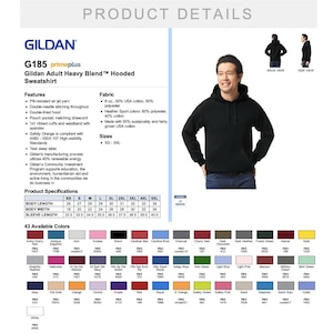 May include: A black hooded sweatshirt with a pouch pocket and ribbed cuffs. The sweatshirt is made of a blend of cotton and polyester. The size chart shows measurements in inches for XS to 5XL.