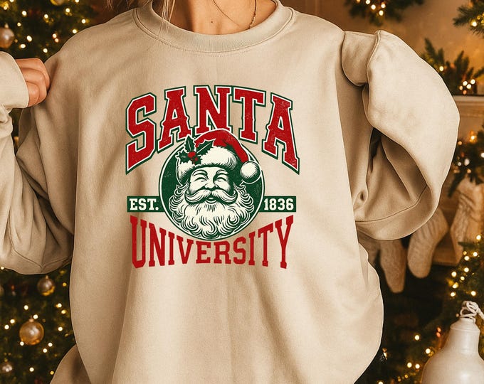 Retro Santa University Sweatshirt: Christmas Graphic Tee