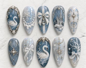 Winter Press On Nails, 3D Swan Snowflake Nails, Pearl Bow Christmas Nails, Winter Wonderland Fairytale Nail Art