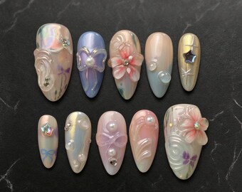 Pastel Fairycore Coquette Nails, Pearl Bow Iridescent Jelly Nail Art, Handmade Reusable Gel Set