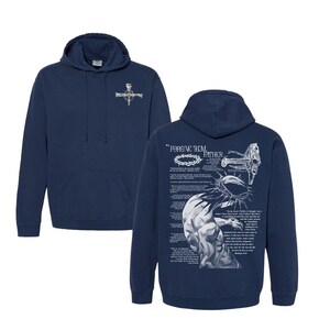 May include: Navy blue hoodie with a front pocket and a hood. The front features a cross design. The back displays a detailed graphic with the text "FORGIVE THEM FATHER" and a depiction of a crown of thorns and a cross.