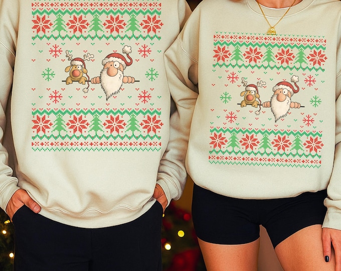 Cute Santa and Reindeer Ugly Christmas Sweatshirt, Cute Santa Reindeer Knit Sweater, Minimal Ugly Xmas Sweatshirt, Unisex cozy fit