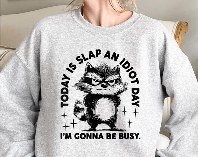 Funny Raccoon Sweatshirt, Today Is Slap An Idiot Day Sweatshirt, Women's Day Gift, Gift for Her, Cute Raccoon Sweatshirt for Women, Menswear