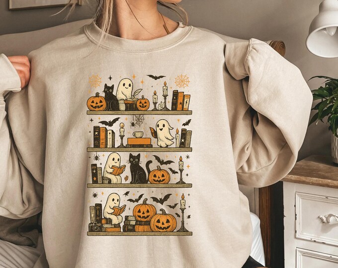 Halloween Ghost Cat Bookshelf Sweatshirt: Vintage Fall Cozy Crewneck