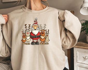 Funny Christmas Graphic Sweatshirt, Cute Santa Claus and Reindeer Sweatshirt, Holiday Cozy Pullover  Christmas Gift for Women & Men