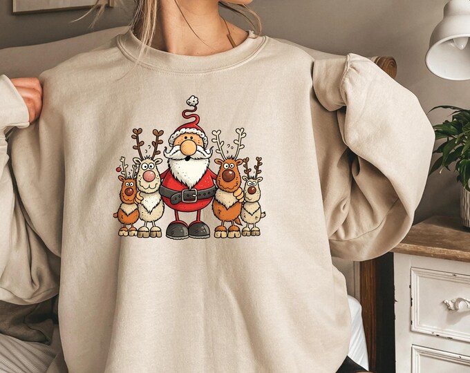 Funny Christmas Graphic Sweatshirt, Cute Santa Claus and Reindeer Sweatshirt, Holiday Cozy Pullover  Christmas Gift for Women & Men