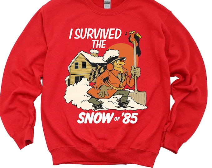 I Survived the Snow of 85 Sweatshirt, Retro Winter Graphic Crewneck, Funny Vintage 80s Style Sweater, Cold Weather Gift for Dad, Grandfather