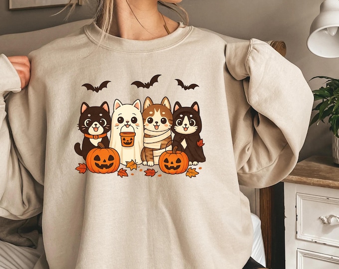 Cat Halloween Sweatshirt, Cat Mom Sweatshirt, Halloween Cute Gift, Fall Autumn Graphic Sweatshirt, Halloween Cat Mom Sweatshirt, Fall Shirt