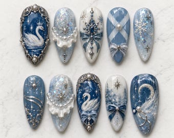 Swans in Winter Press on Nails, 3D Snowflake Pearl, Icy Blue Christmas, Royal Fairytale Bow Nail Art