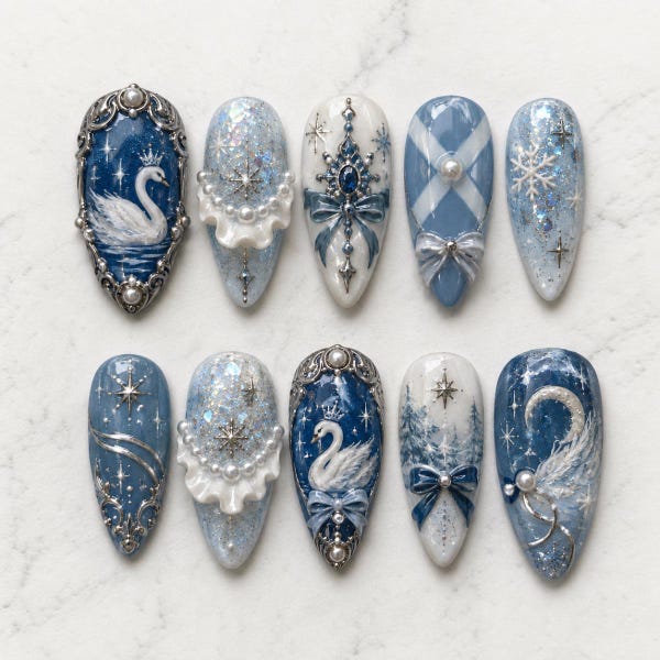 Swans in Winter Press on Nails, 3D Snowflake Pearl, Icy Blue Christmas, Royal Fairytale Bow Nail Art