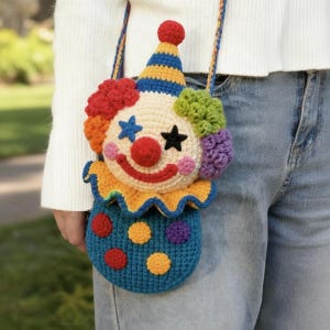 Könnte beinhalten: Eine gehäkelte Umhängetasche in Form eines Clown-Gesichts mit blau-gelb gestreiftem Hut, roter Nase und breitem rotem Lächeln. Die Tasche hat einen gelben Rüschenkragen, buntes, strukturiertes Haar und eine blaue Basis mit roten, gelben und violetten Kreisen.
