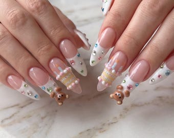 Birthday Bear Press On Nails, 3D Teddy Bear Cake Nails, Kawaii Pastel Nail Art, Cute Party Handmade Reusable Gel Nails