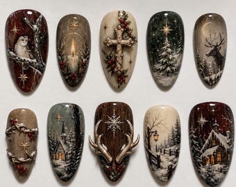 Christmas Press On Nails, Winter Woodland 3D Nails, Rustic Vintage Holiday Nail Art, Deer, Snowy Forest & Cozy Cabin