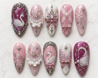 Pink Swan Winter Press On Nails, 3D Pearl Bow Nails, Rococo Christmas Nails, Winter Wonderland Fairytale Nail Art