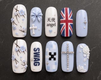 Y2K Baby Blue Press On Nails, Angel Bow Floral Nails, Pearl Cross Union Jack Nail Art, Kawaii Coquette Retro Handmade Reusable Gel Set