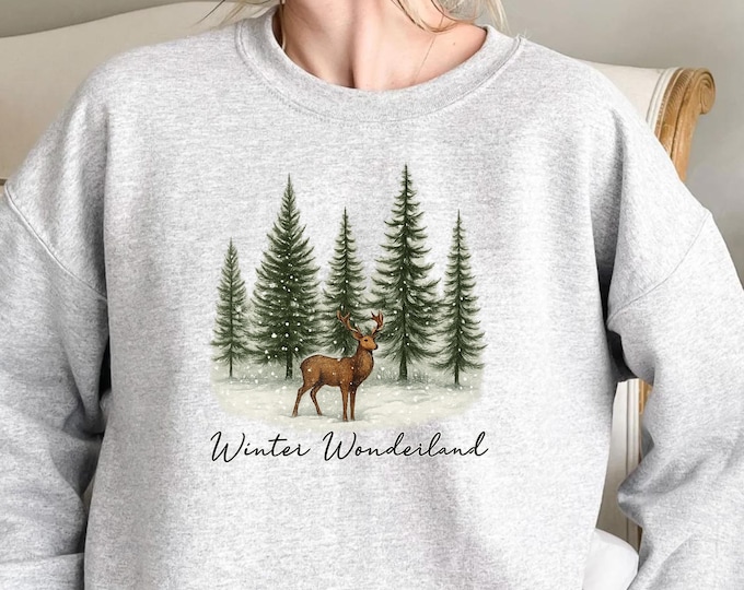 Winter Wonderland Sweatshirt: Reindeer & Pine Tree Holiday Crewneck