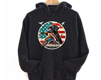 American Flag Duck Hunting Dog Hello Hunting Season Hoodie, Outdoors Shirt, Hunting Shirt, Hunting Season, Gift For Hunter, Outfits for Men