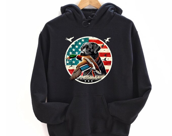 American Flag Duck Hunting Dog Hello Hunting Season Hoodie, Outdoors Shirt, Hunting Shirt, Hunting Season, Gift For Hunter, Outfits for Men
