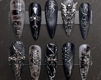 Medieval Gothic Press On Nails, Black Silver Armor Cross Sword Nails, Dark Fantasy Knightcore 3D Chrome Nail Art, Handmade Reusable Gel Set